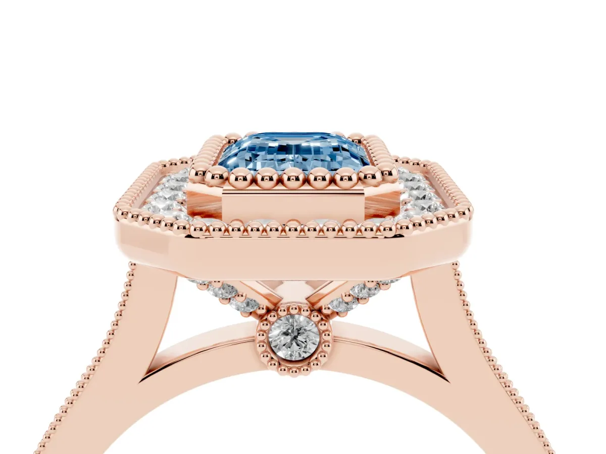 Fancy Blue Emerald Cut Diamond Halo Ring with Milgrain Frame and Pavé Band Rose gold