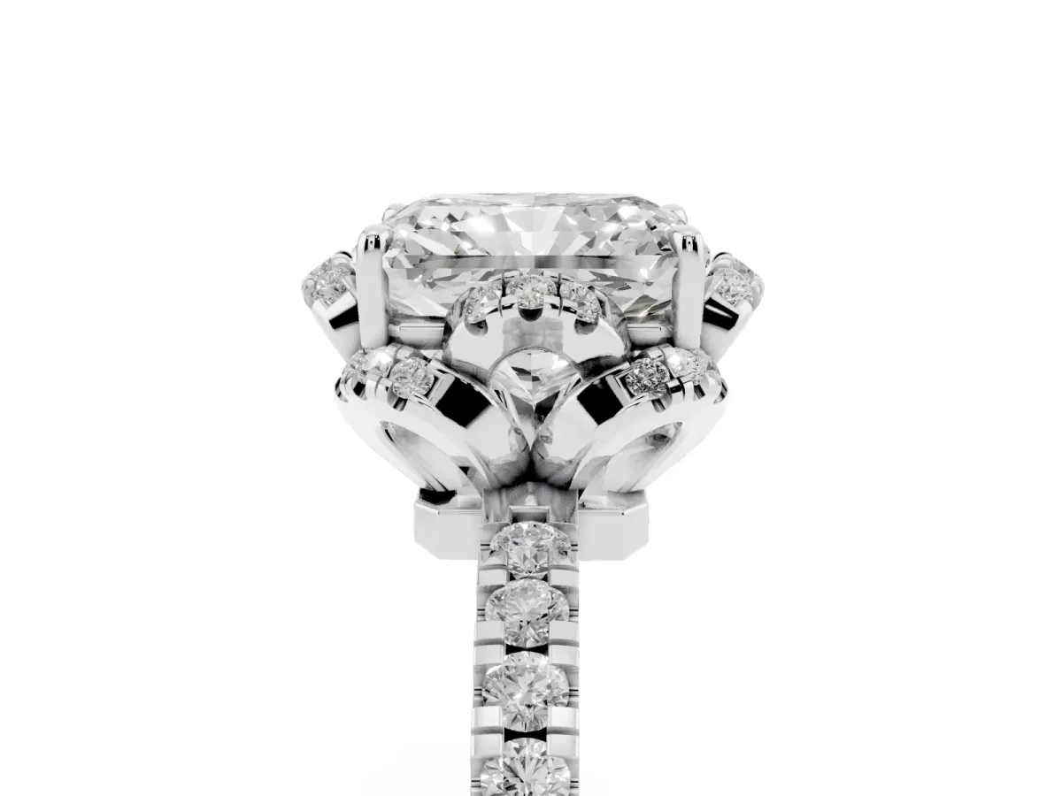 Radiant Cut Diamond Halo Pave Band with Four-Prong Setting Silver