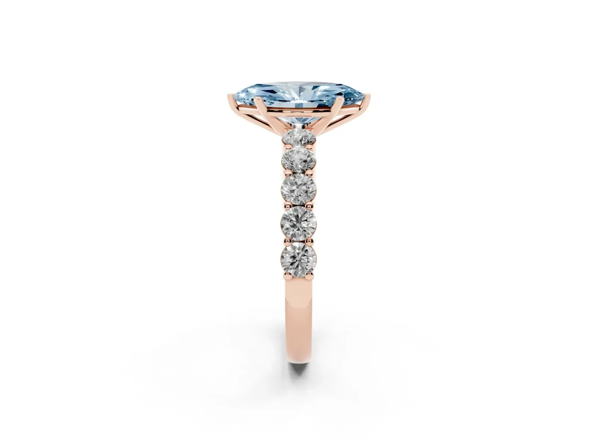 Fancy Blue Marquise Cut Diamond Solitaire Ring with Shared Prong Round Side Stones Rose gold