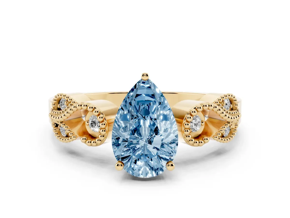 Fancy Blue Pear Cut Solitaire Milgrain Leaf Band with Prong Setting Yellow gold