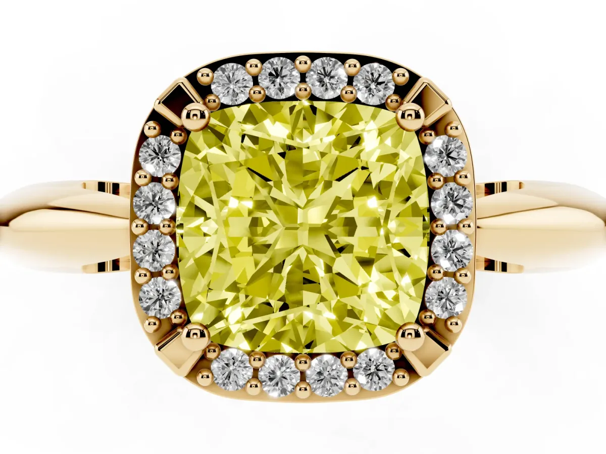 Fancy Yellow Cushion Cut Cut Diamond Halo Engagement Ring with Split Shank and Four-Prong Setting Yellow gold