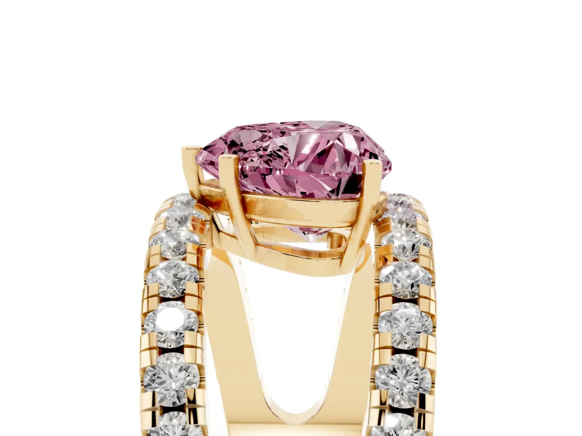 Fancy Pink Heart Cut Solitaire Split Shank Pave Diamond Ring Yellow gold