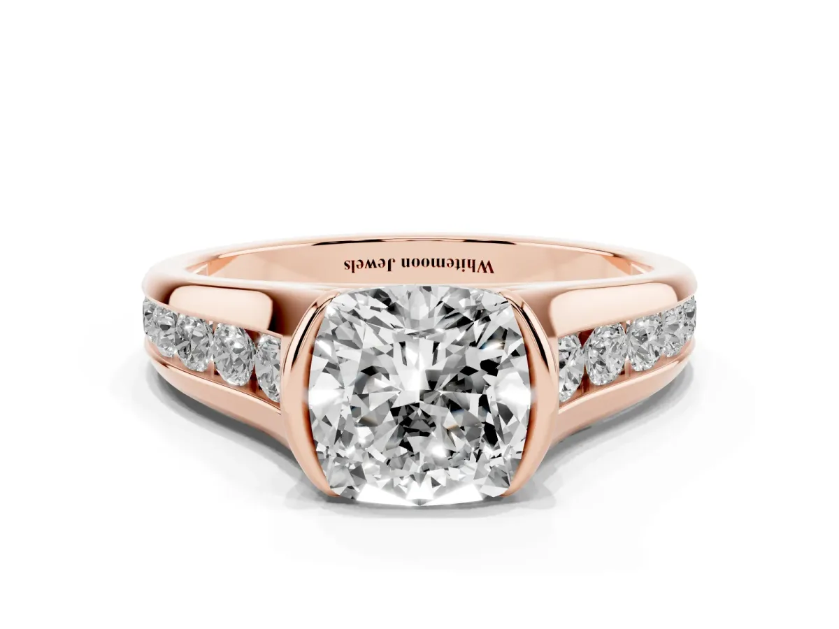 Cushion Cut Solitaire Bezel-Set Diamond Ring with Channel-Set Band Rose gold