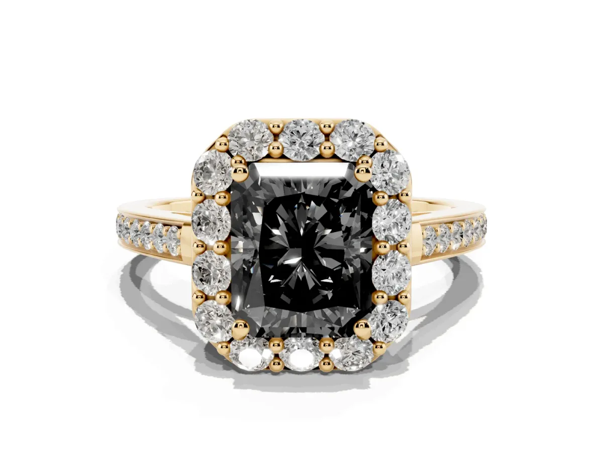 Fancy Black Radiant Cut Diamond Floral Halo Ring with Pavé Band and Prong Setting Yellow gold