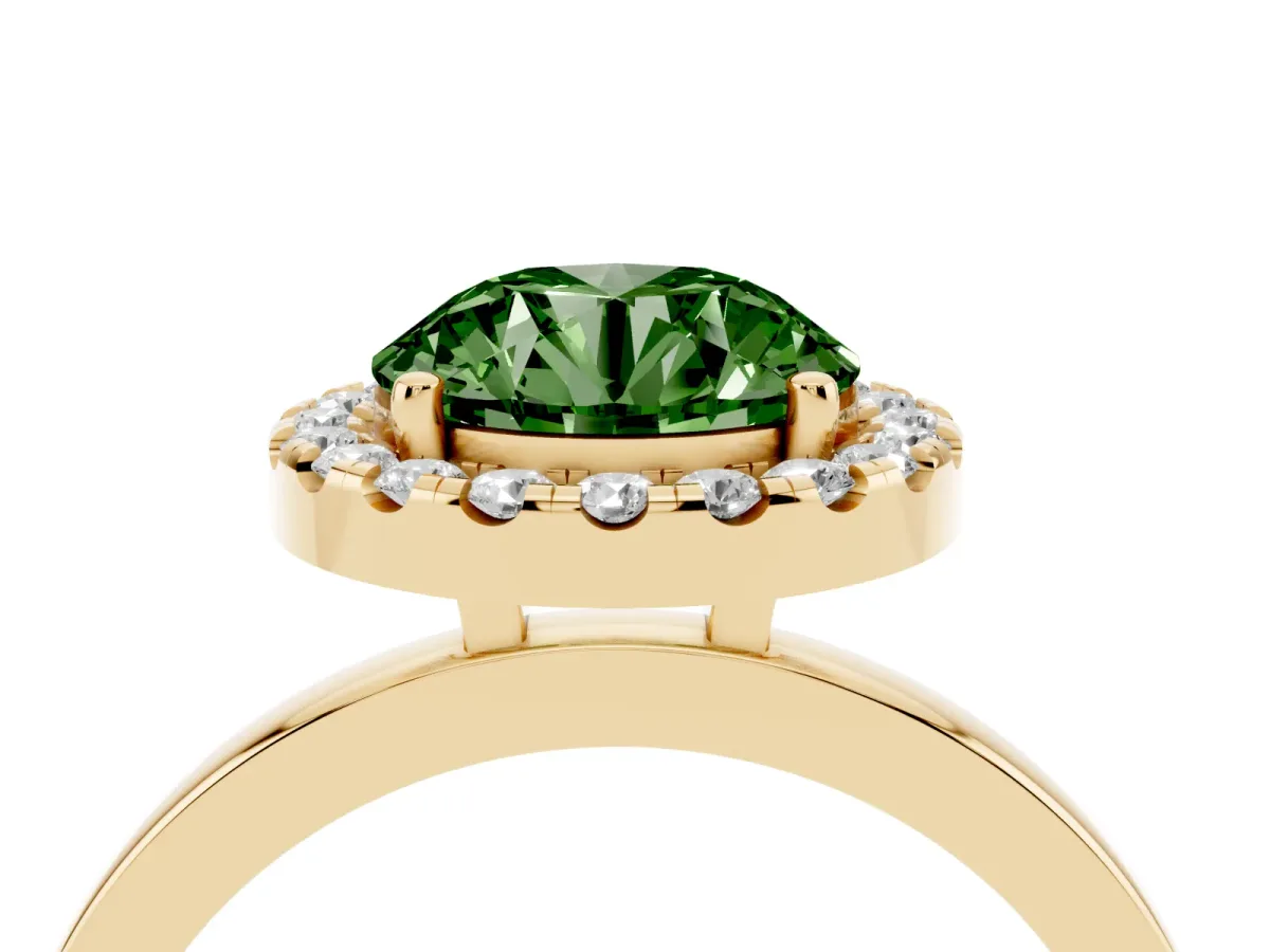 Fancy Green Round Cut Halo Diamond Solitaire with Pavé Band and Four-Prong Setting Yellow gold