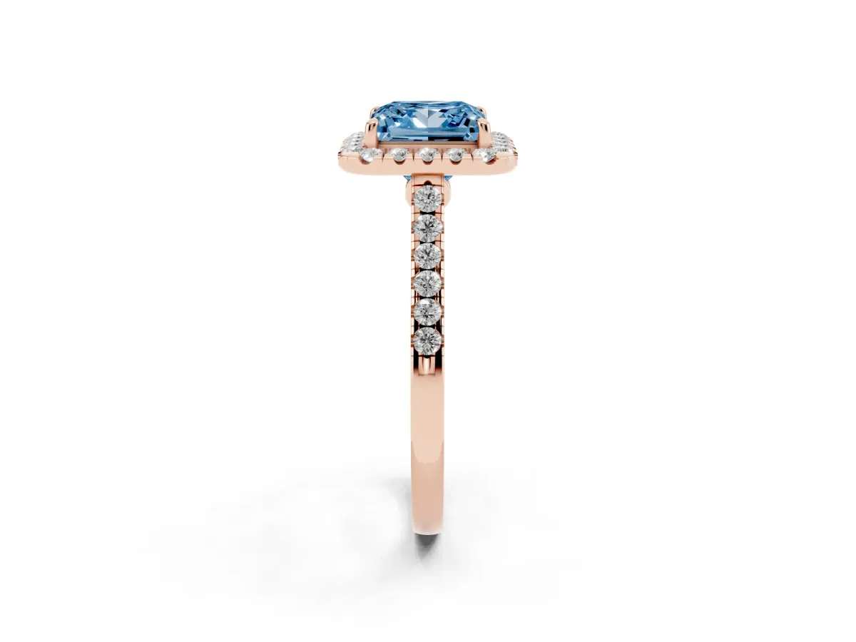 Fancy Blue Princess Cut Halo Pave Diamond Engagement Ring with Four-Prong Setting Rose gold