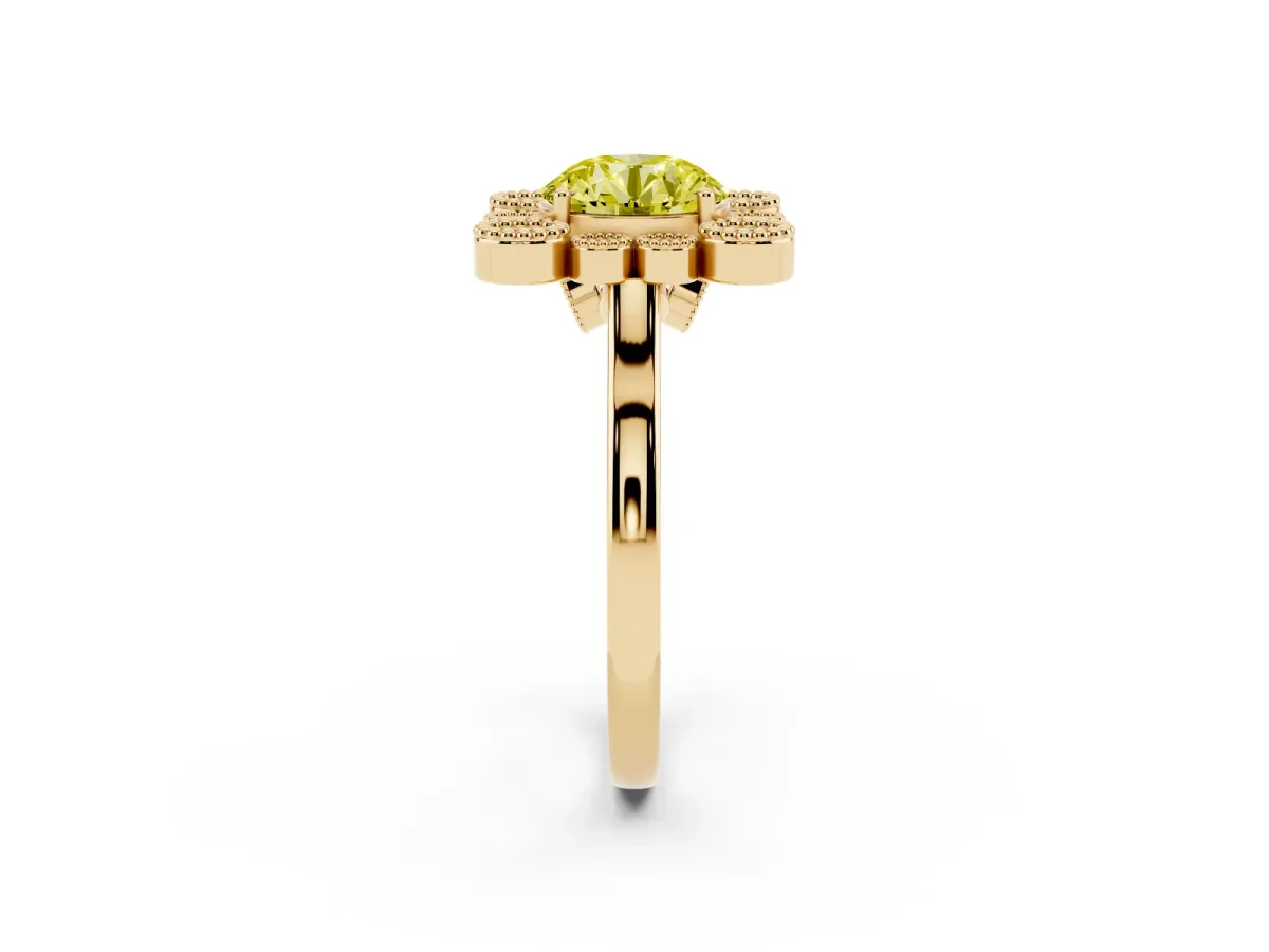 Fancy Yellow Round Cut Halo Diamond Cluster Engagement Ring with Milgrain Bezel Setting and Solitaire Band Yellow gold