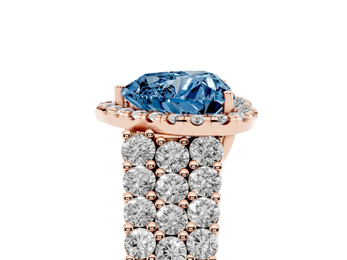 Fancy Blue Heart Cut Diamond Halo Engagement Ring with Triple Row Round Pavé Band and Prong Setting Rose gold