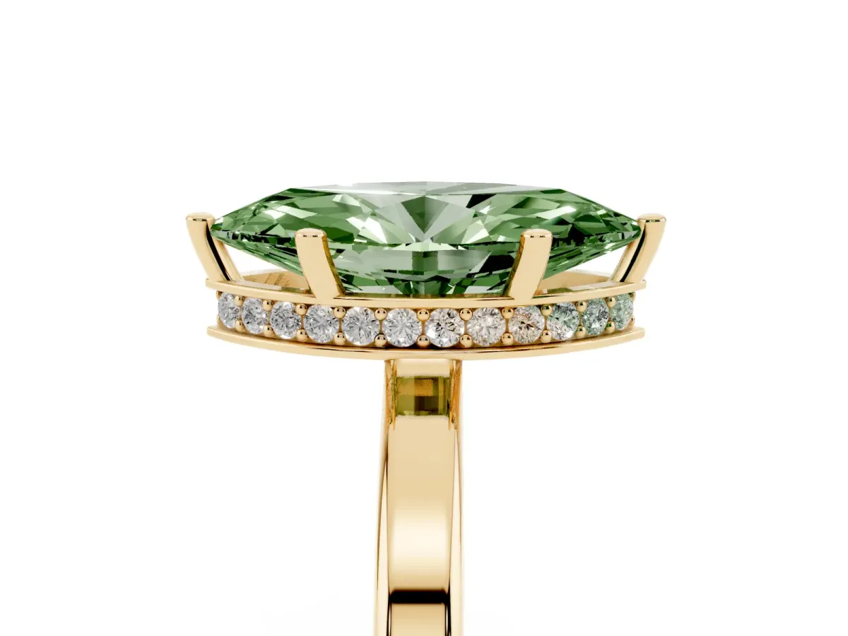 Fancy Green Marquise Cut Cut Solitaire Engagement Ring with Four-Prong Setting on a Classic Band Yellow gold