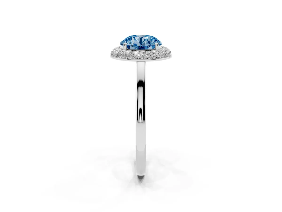 Fancy Blue Round Cut Halo Diamond Engagement Ring with Solitaire Band and Four-Prong Setting Silver