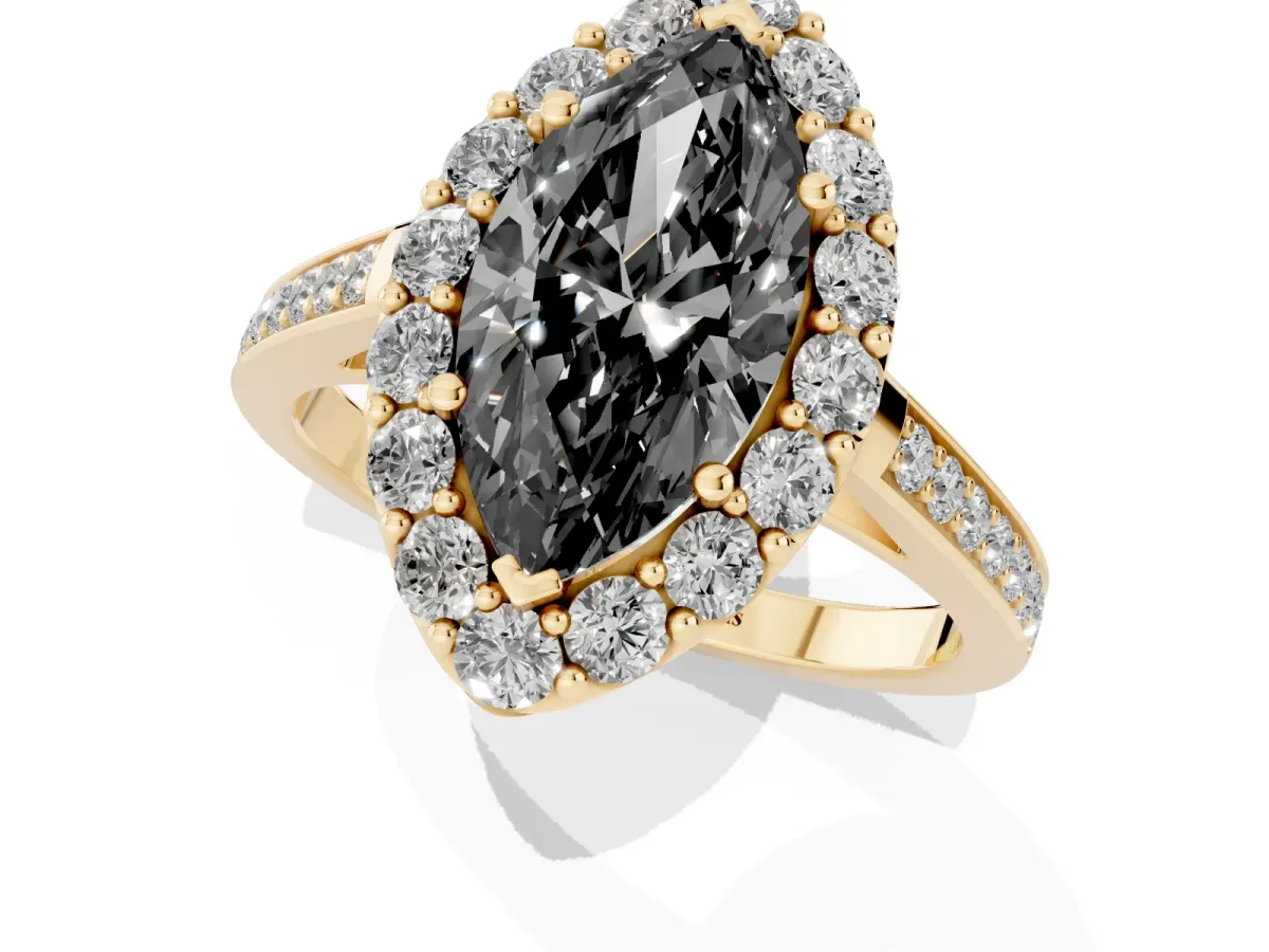 Fancy Black Marquise Cut Diamond Floral Halo Ring with Pavé Band and Prong Setting Yellow gold