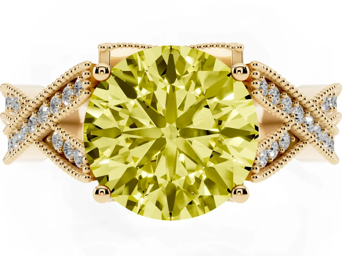 Fancy Yellow Round Cut Cut Diamond Twisted Band with Milgrain Pave Setting and Four-Prong Setting Yellow gold