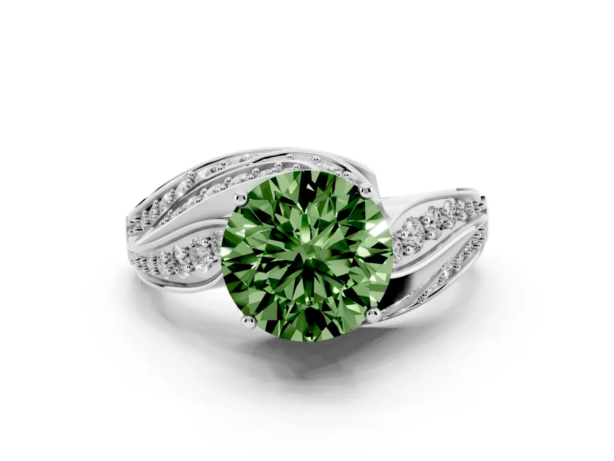 Fancy Green Round Cut Diamond Solitaire Ring with Prong Setting and Twisted Pavé Band Silver