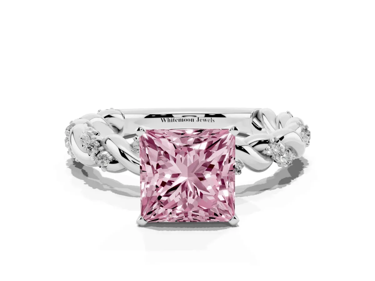 Fancy Pink Princess Cut Diamond Solitaire Ring with Twisted Band and Pavé Accents Silver