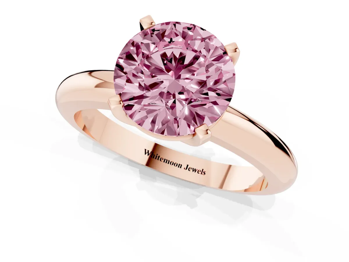 Fancy Pink Round Cut Diamond Solitaire Engagement Ring with Round Band and Four-Prong Setting Rose gold