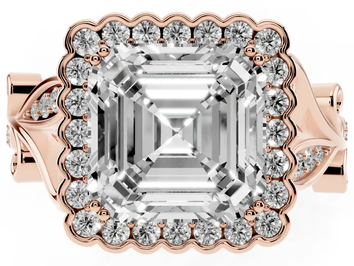 Asscher Cut Diamond Halo Ring with Vintage Split Shank and Four-Prong Setting Rose gold
