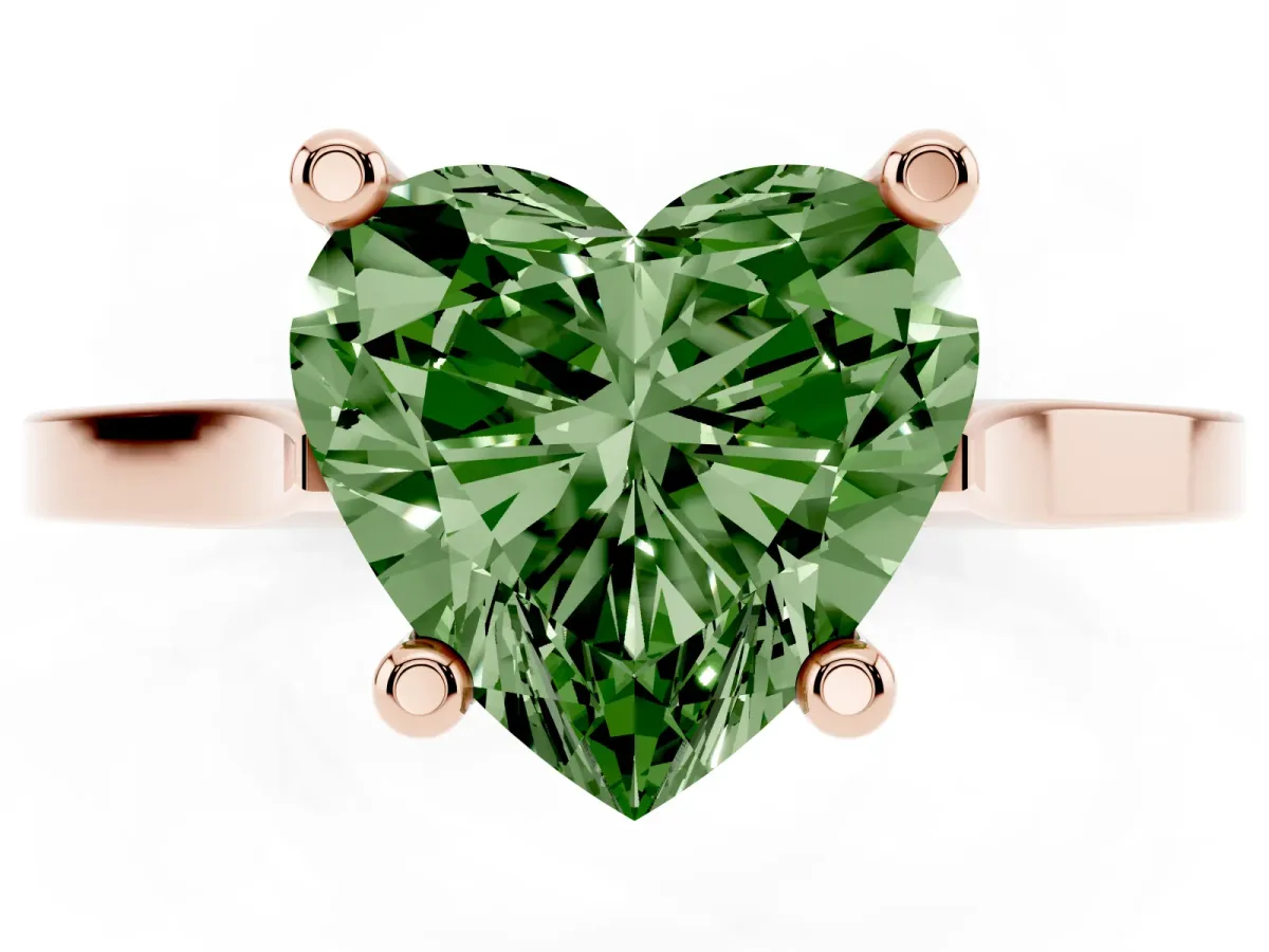 Fancy Green Heart Cut Solitaire Diamond Ring with Four-Prong Setting and Tapered Band Rose gold