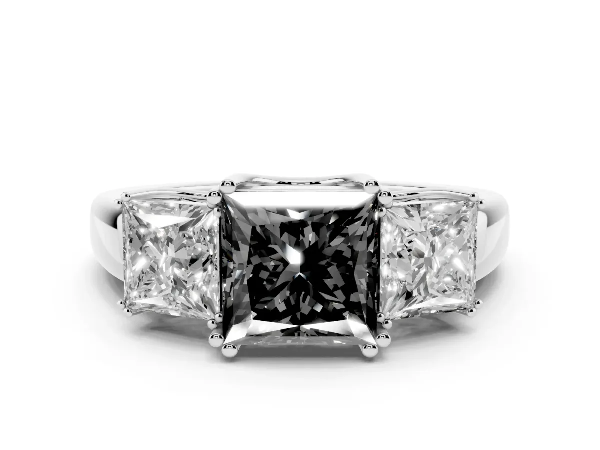 Fancy Black Three-Stone Princess Cut Cut Diamond Ring with Channel Set Band and Four-Prong Setting Platinum