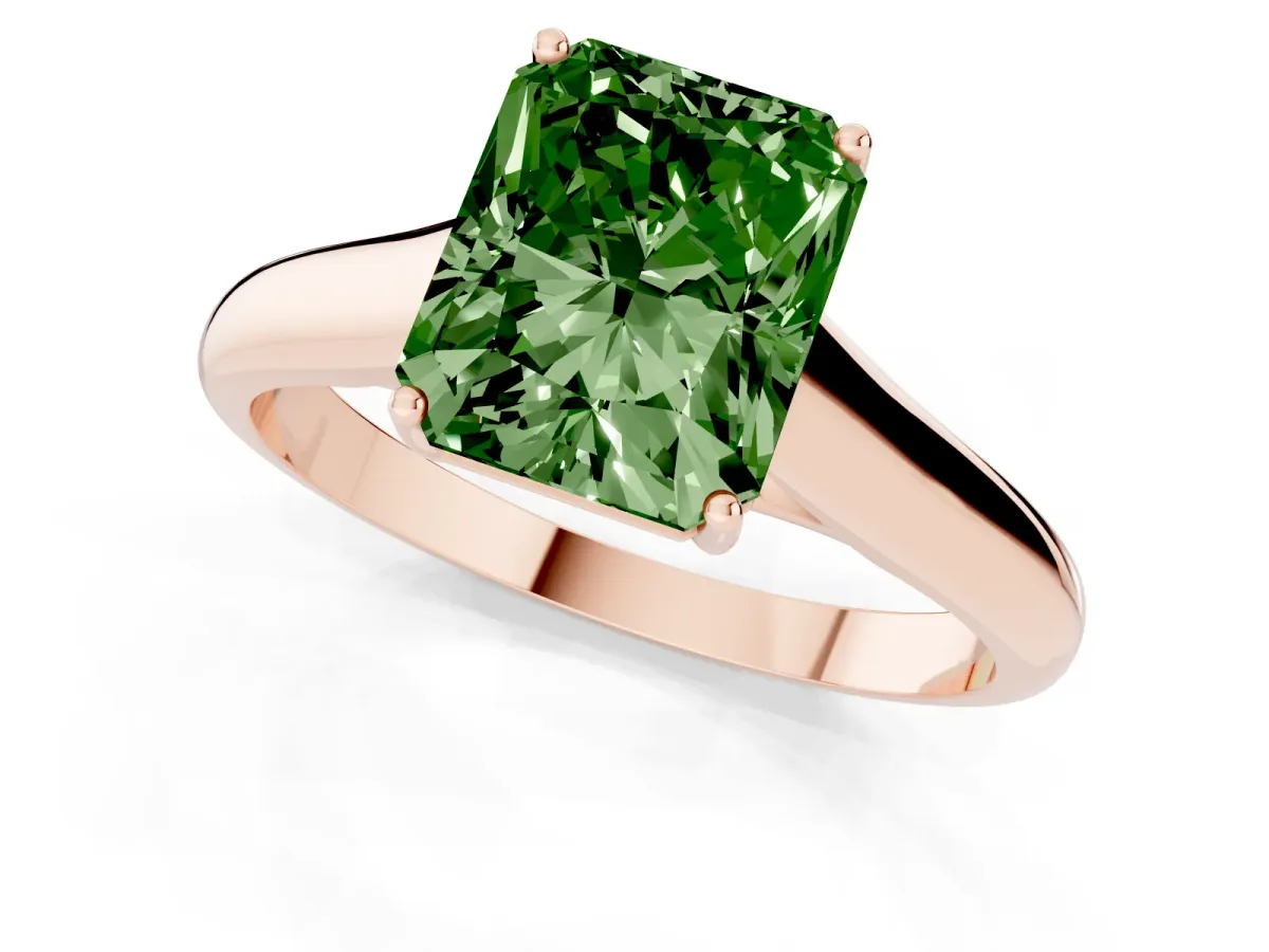 Fancy Green Radiant Cut Solitaire Engagement Ring with Tapered Band and Four-Prong Setting Rose gold
