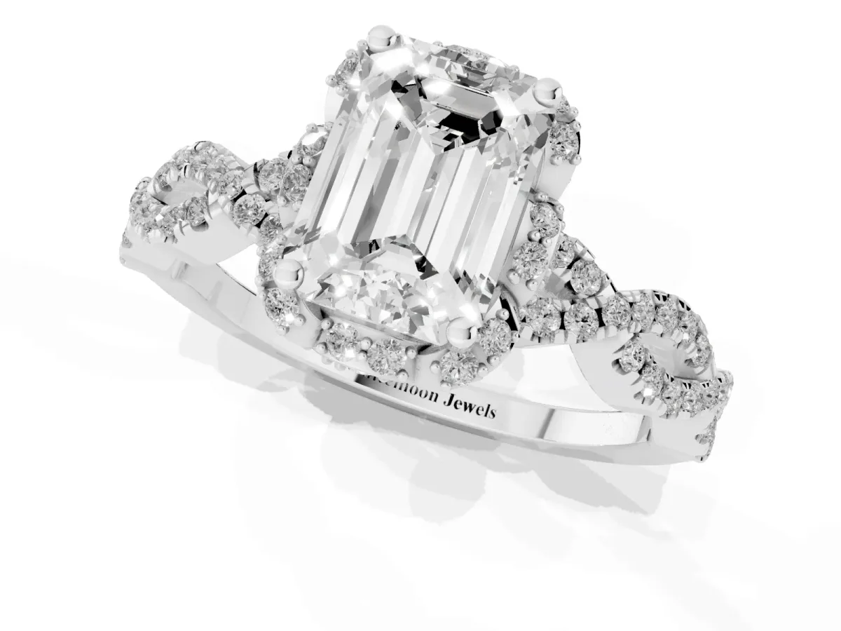 Emerald Cut Halo Twist Band Solitaire Ring with Six-Prong Setting Silver