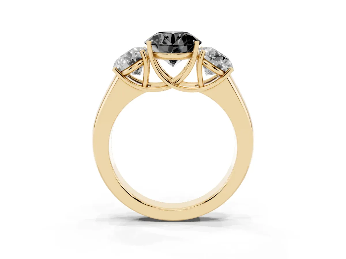 Fancy Black Three-Stone Round Cut Cut Diamond Ring with Prong Setting and Classic Band Yellow gold