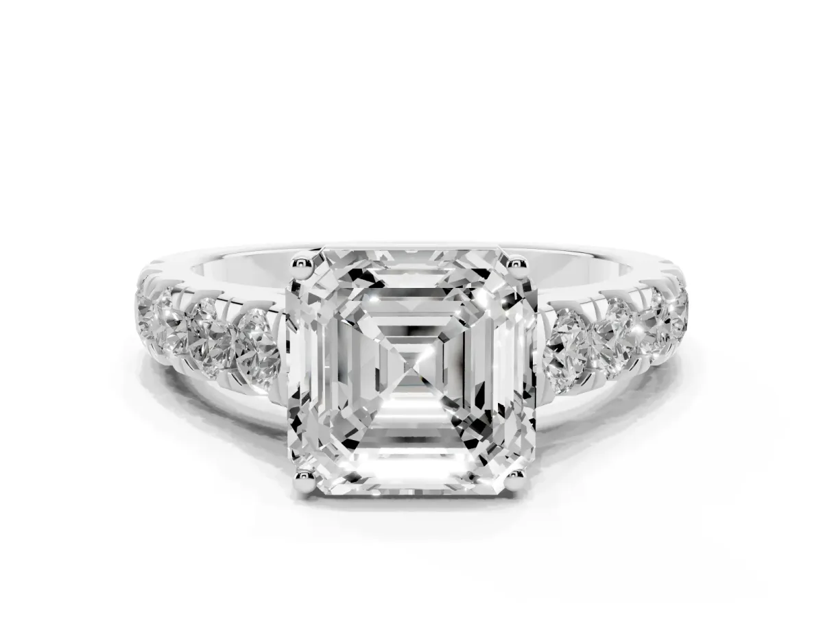 Asscher Cut Cut Diamond Solitaire Ring with Micro Pave Band and Prong Setting Silver