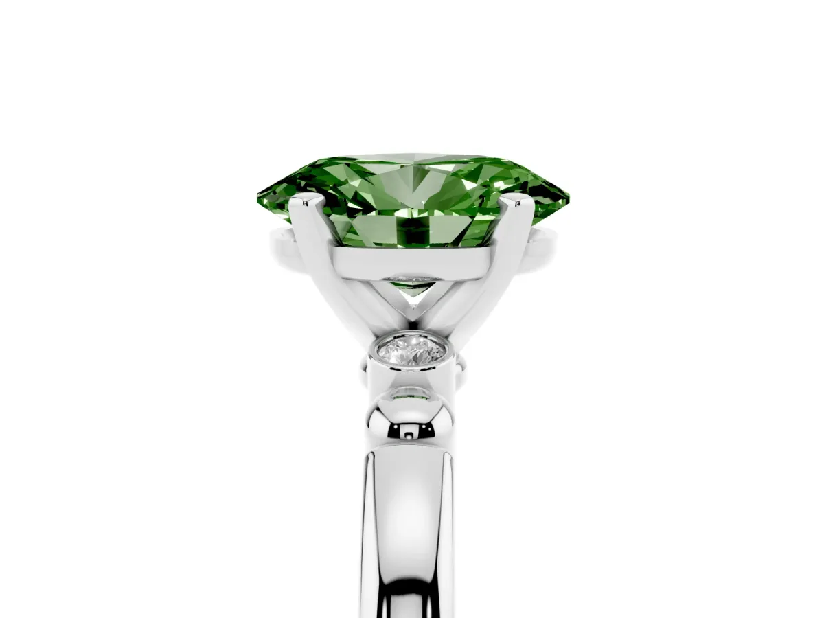 Fancy Green Oval Cut Solitaire Beaded Band with Four-Prong Setting Platinum