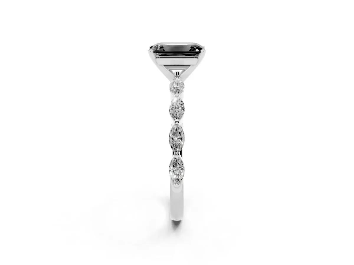 Fancy Black Emerald Cut Diamond Ring with Marquise Side Stones and Prong Setting Platinum