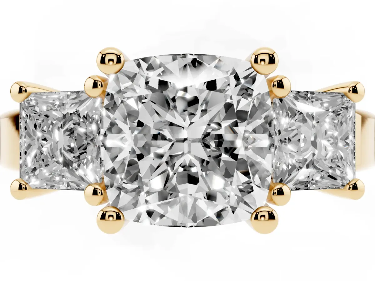 Three-Stone Cushion Cut Cut Solitaire Ring with Prong Setting Yellow gold