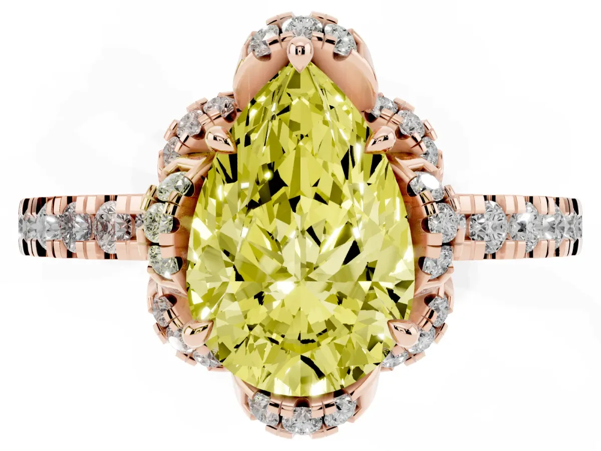 Fancy Yellow Pear Cut Halo Diamond Pave Band Ring with Four-Prong Setting Rose gold