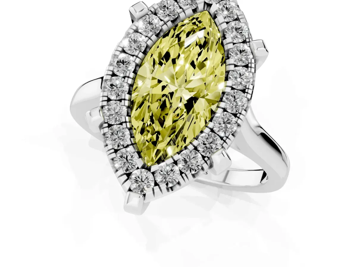Fancy Yellow Marquise Cut Diamond Cluster Halo Solitaire with Four-Prong Setting Silver