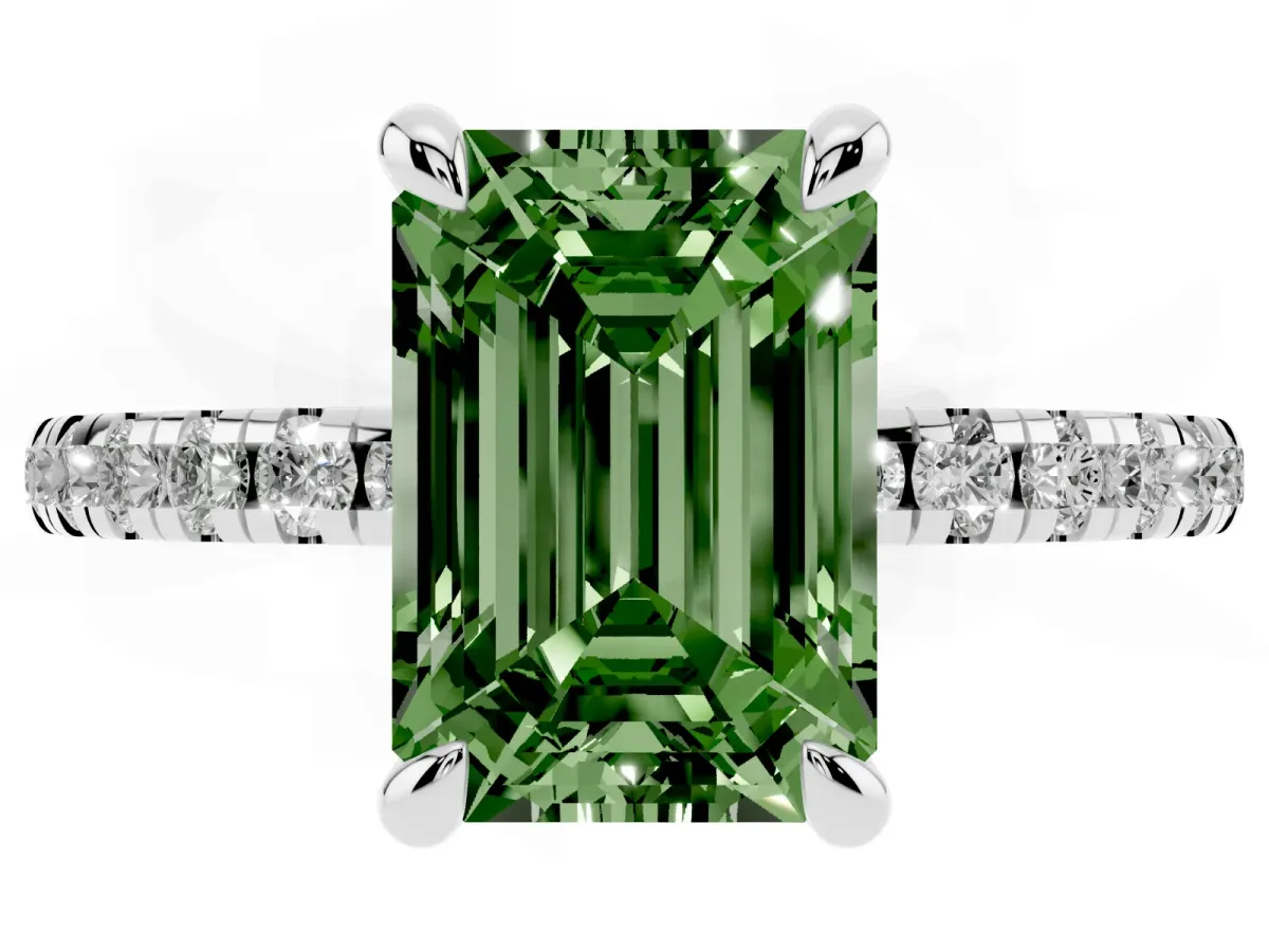 Fancy Green Emerald Cut Diamond Brilliant Solitaire Ring with Pavé Band and Four-Prong Setting Silver