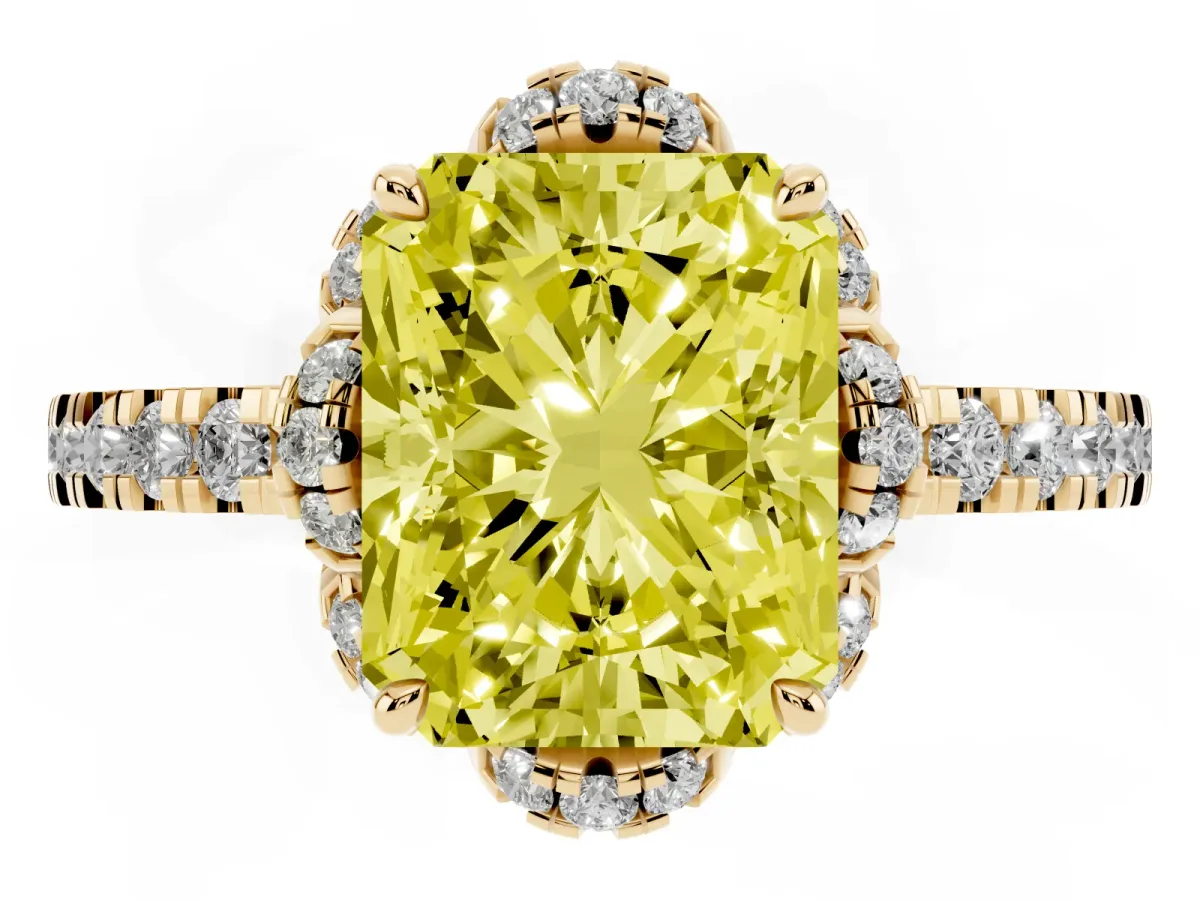 Fancy Yellow Radiant Cut Diamond Halo Pave Band with Four-Prong Setting Yellow gold