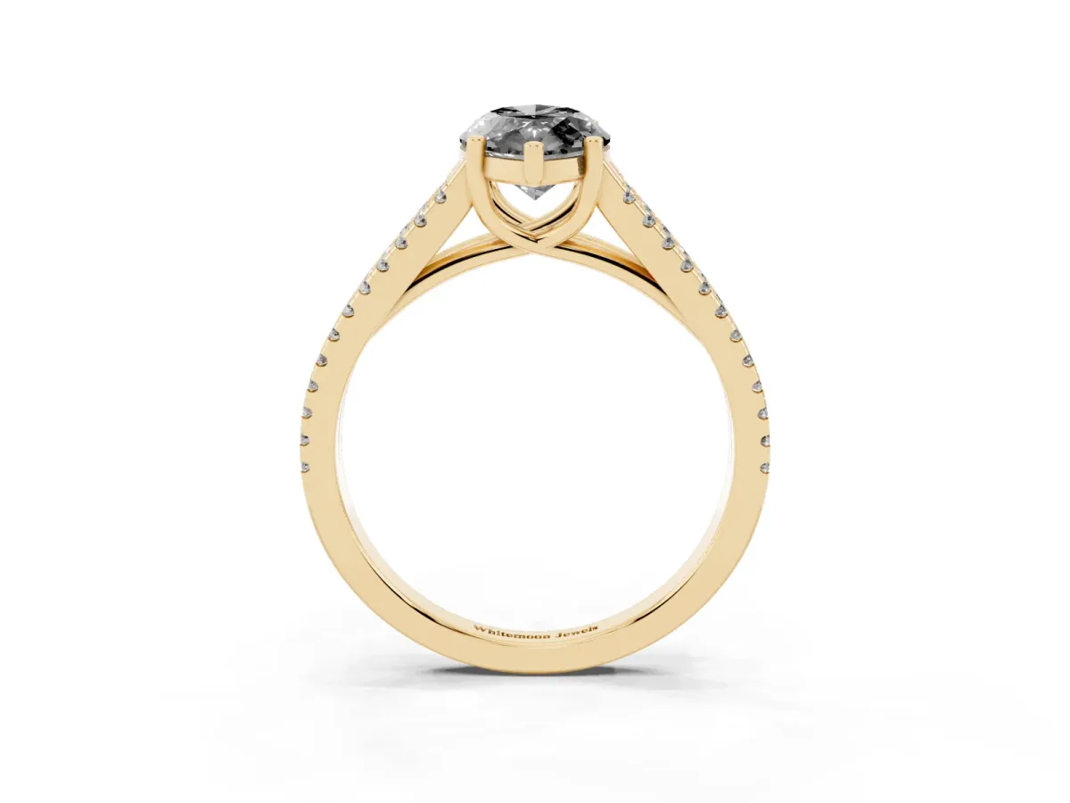 Fancy Black Marquise Cut Diamond Solitaire Engagement Ring with Split Shank Pavé Band Yellow gold