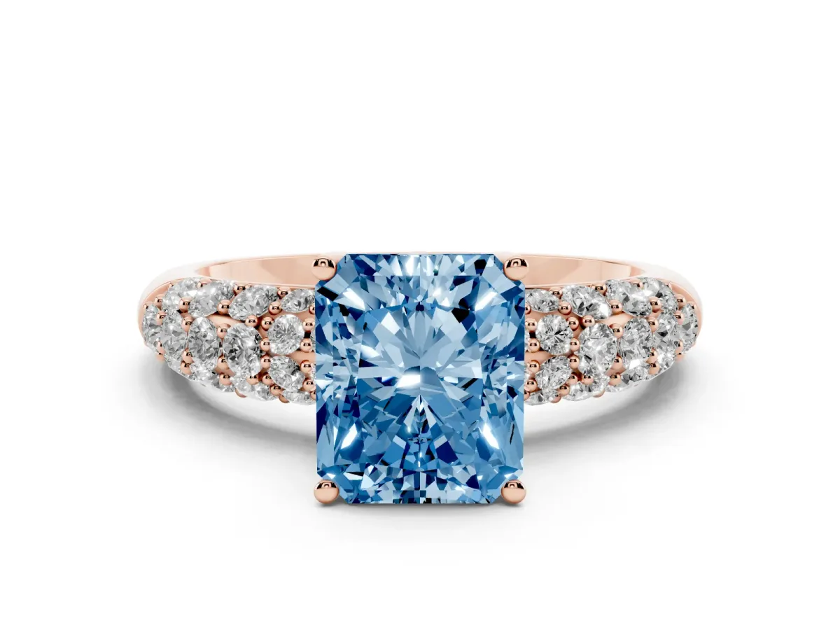 Fancy Blue Radiant Cut Diamond Pavé Band Solitaire Ring with Four-Prong Setting Rose gold