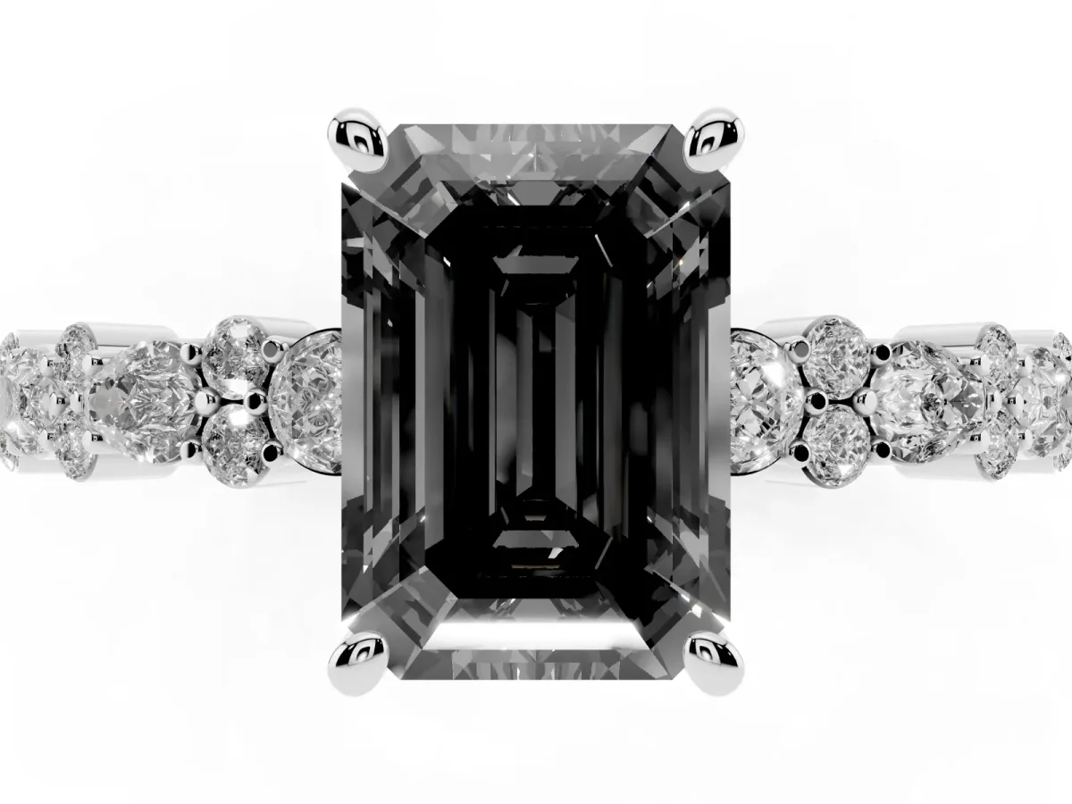 Fancy Black Emerald Cut Diamond Side Stone Solitaire Ring with Round and Four-Prong Setting Silver