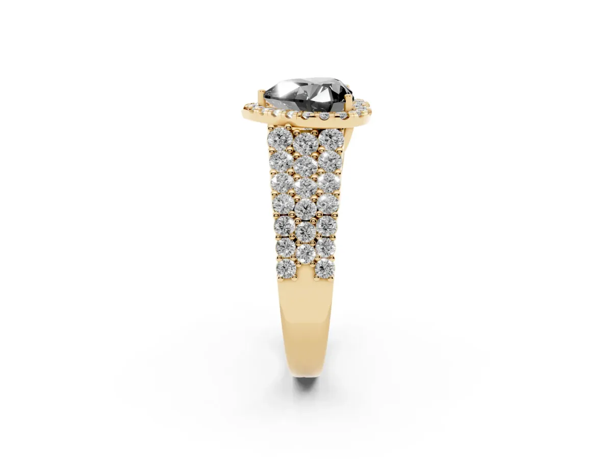 Fancy Black Heart Cut Diamond Halo Engagement Ring with Triple Row Round Pavé Band and Prong Setting Yellow gold