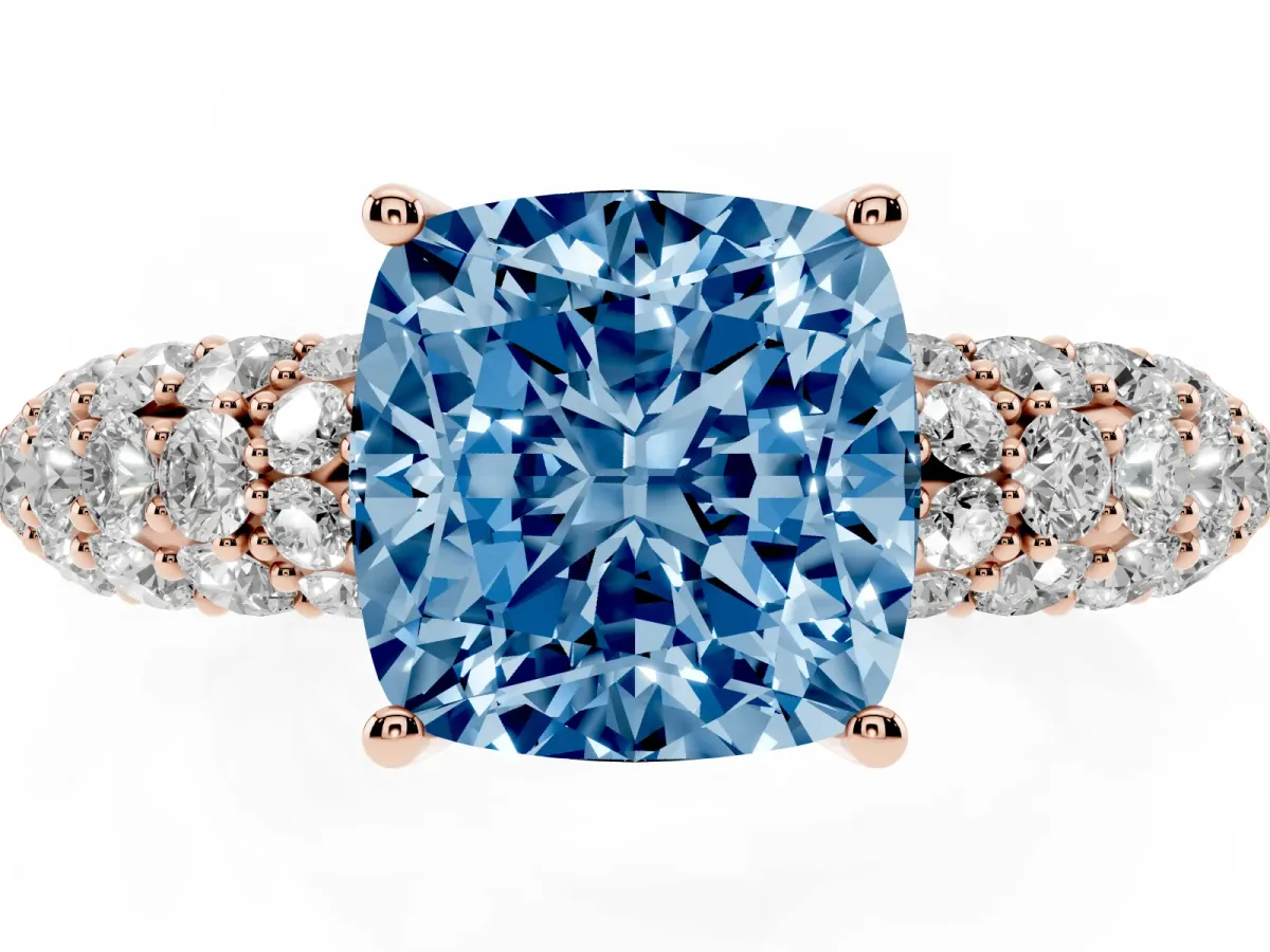 Fancy Blue Cushion Cut Diamond Pavé Band Solitaire Ring with Four-Prong Setting Rose gold