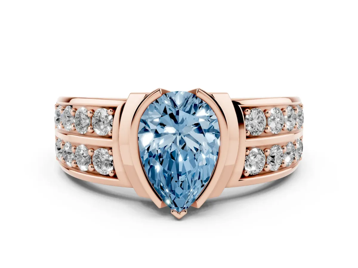 Fancy Blue Pear Cut Brilliant Diamond Channel Set Wide Band Ring with Bezel Setting Rose gold