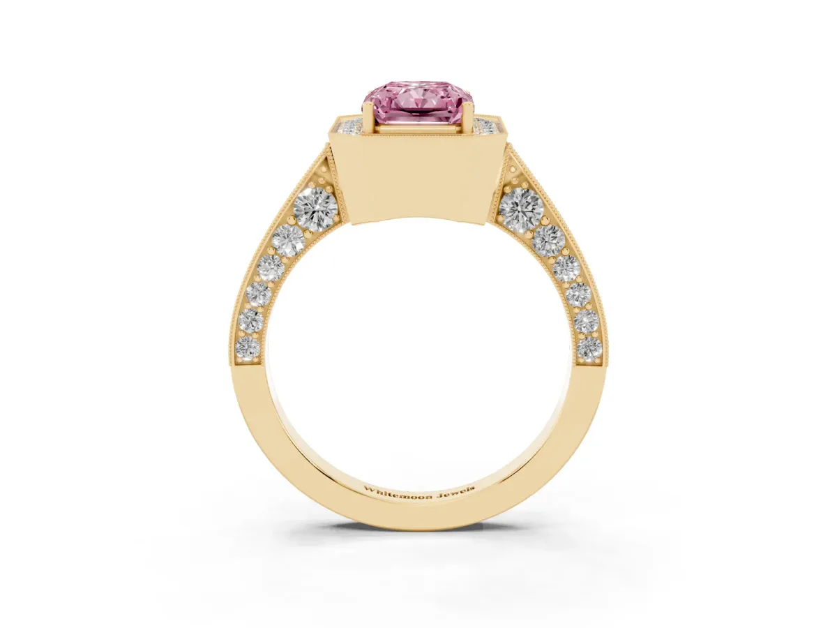 Fancy Pink Radiant Cut Halo Diamond Engagement Ring with Split Shank Band and Four-Prong Setting Yellow gold