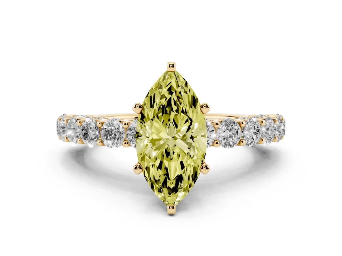 Fancy Yellow Marquise Cut Diamond Solitaire Ring with Shared Prong Pavé Band and Four-Prong Setting Yellow gold