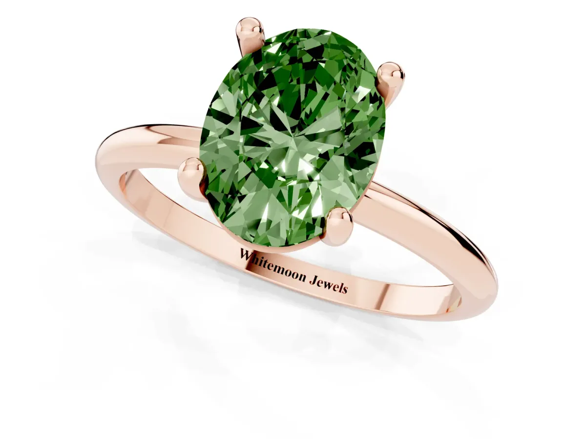 Fancy Green Oval Cut Solitaire Diamond Ring with 4-Prong Setting on a Classic Band Rose gold