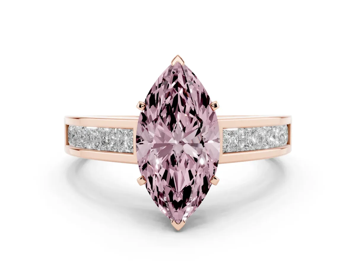 Fancy Pink Marquise Cut Solitaire Diamond Ring with Channel-Set Band and Four-Prong Setting Rose gold