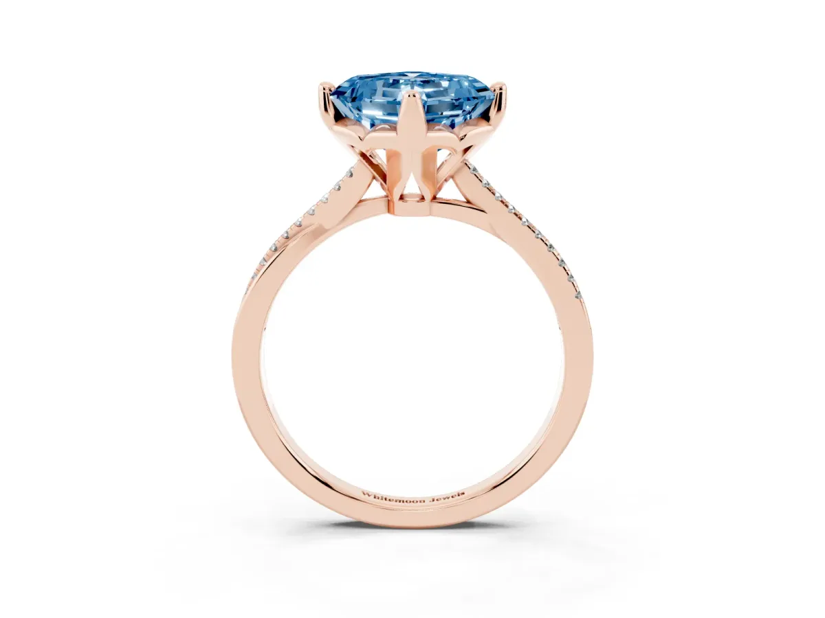 Fancy Blue Asscher Cut Solitaire Twist Band with Pavé Diamonds and Four-Prong Setting Rose gold