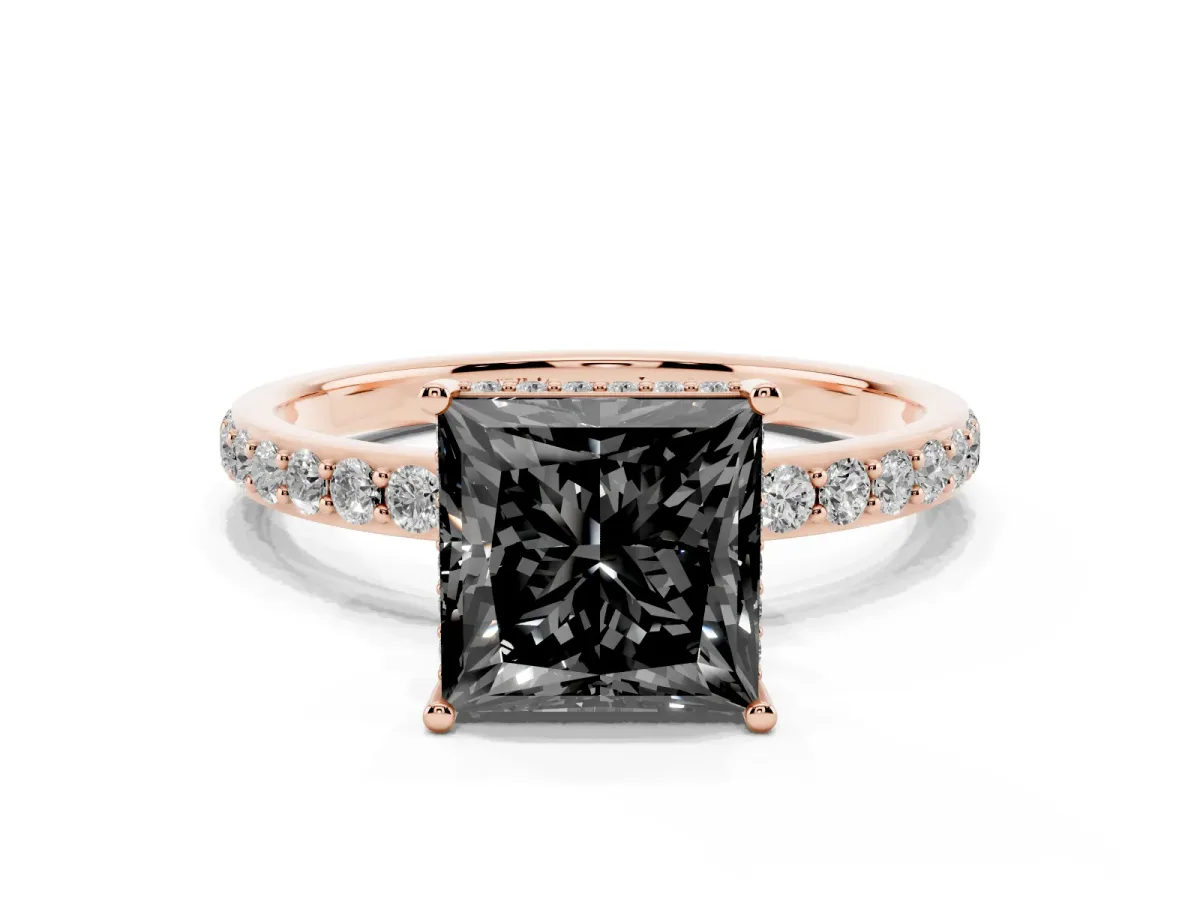Fancy Black Princess Cut Diamond Solitaire Ring with Pavé Band and Hidden Halo Rose gold