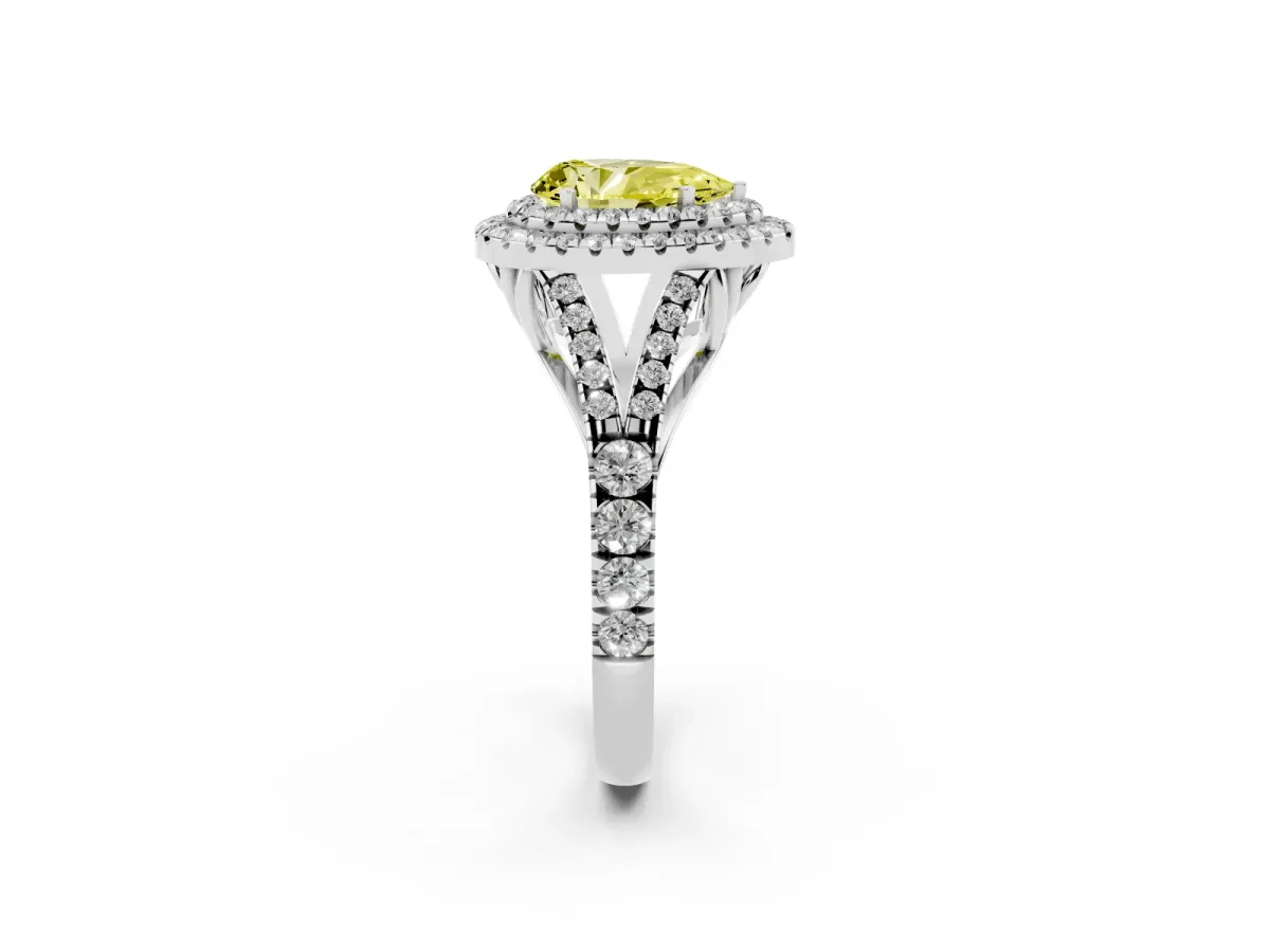Fancy Yellow Double Halo Pear Cut Diamond Split Shank Engagement Ring with Four-Prong Setting Silver