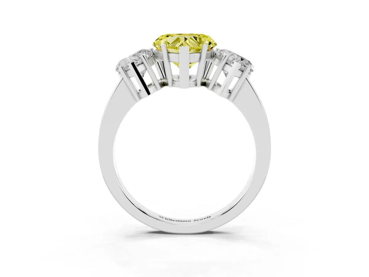 Fancy Yellow Three-Stone Heart Cut Cut Diamond Engagement Ring with Flat Band and Four-Prong Setting Silver