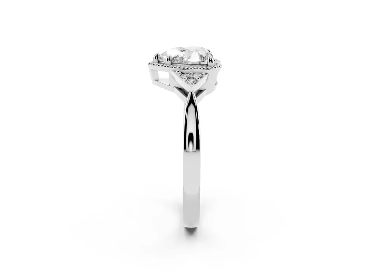 Milgrain Heart Cut Cut Diamond Ring with Tapered Pave Band and Four Prong Setting White gold