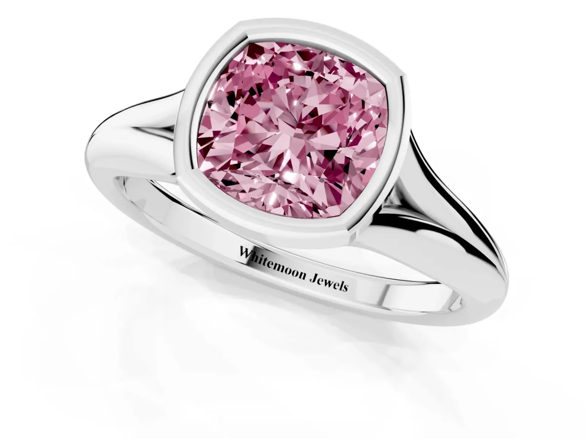 Fancy Pink Bezel Set Cushion Cut Solitaire Diamond Ring with Smooth Band Platinum