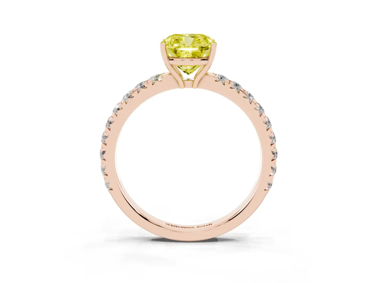 Fancy Yellow Cushion Cut Diamond Pavé Solitaire Engagement Ring with Four-Prong Setting Rose gold